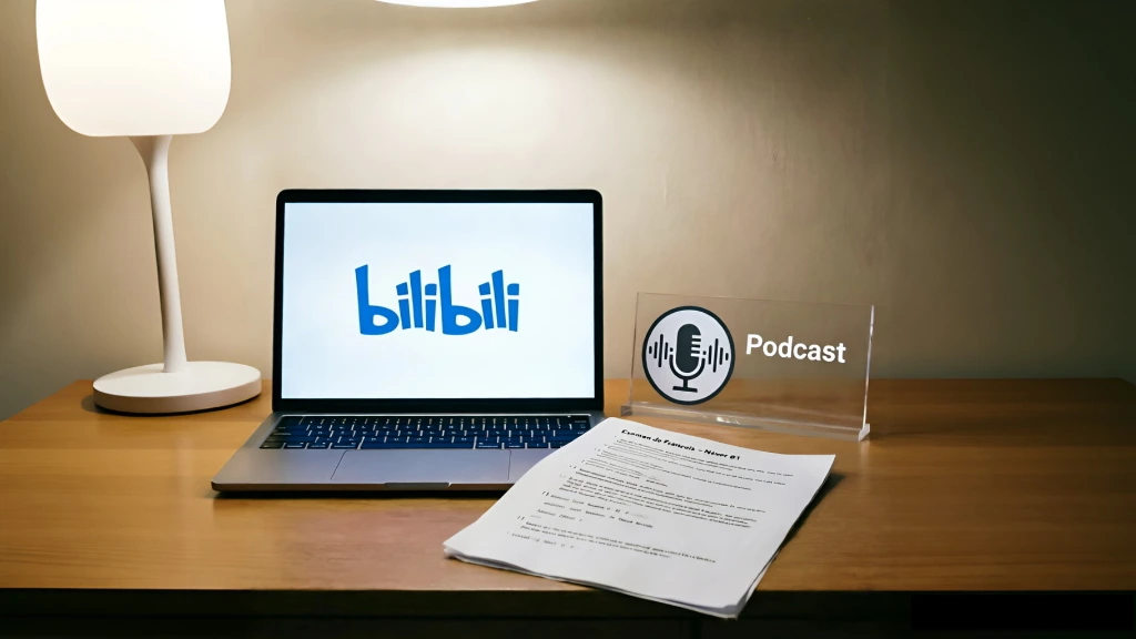 我书桌上放着一张法语试卷、播客立牌和一台中间显示着B站logo的电脑