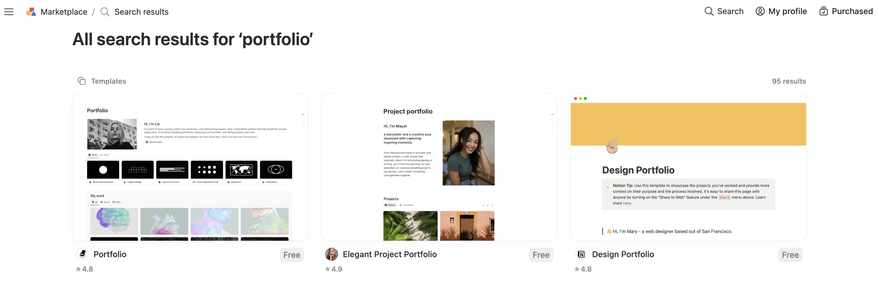 模板中心中的portfolio模板，图片中有3个模板