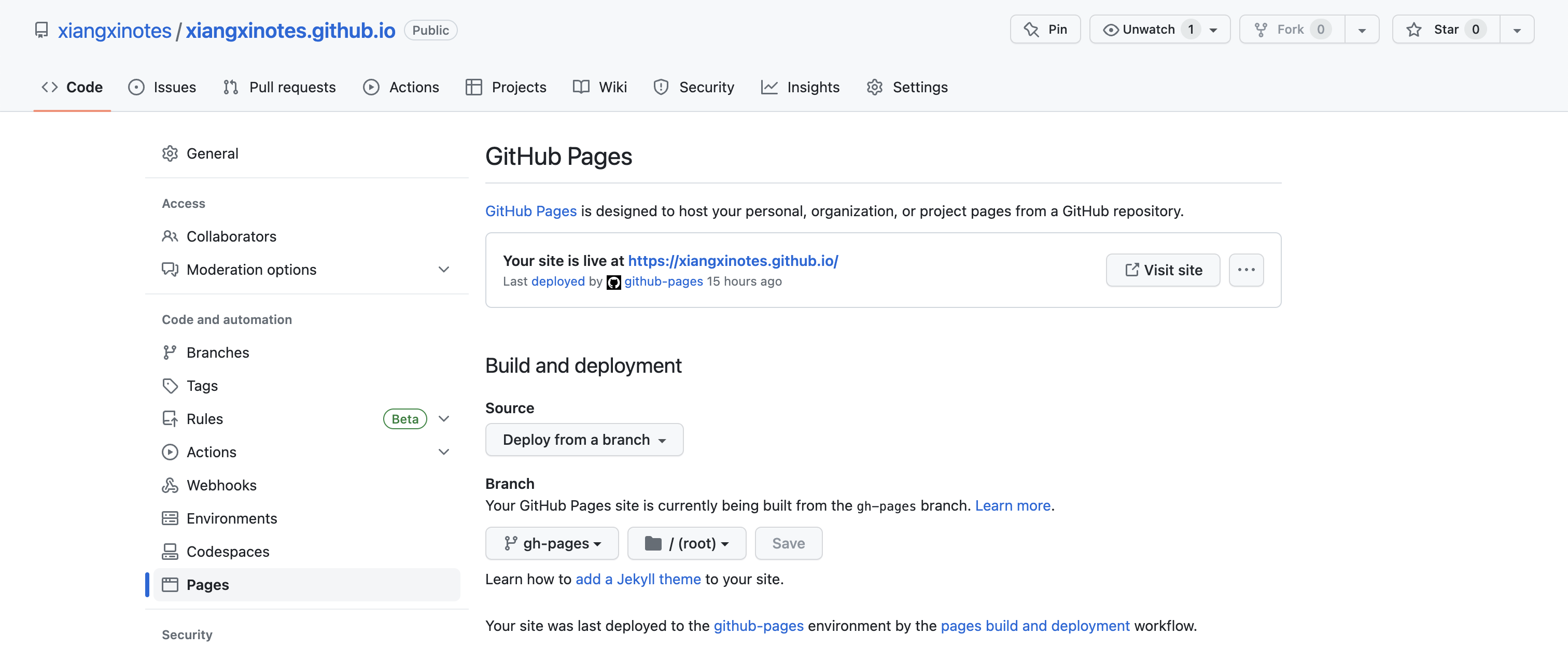 GitHub Pages 设置 build from gh-pages branch