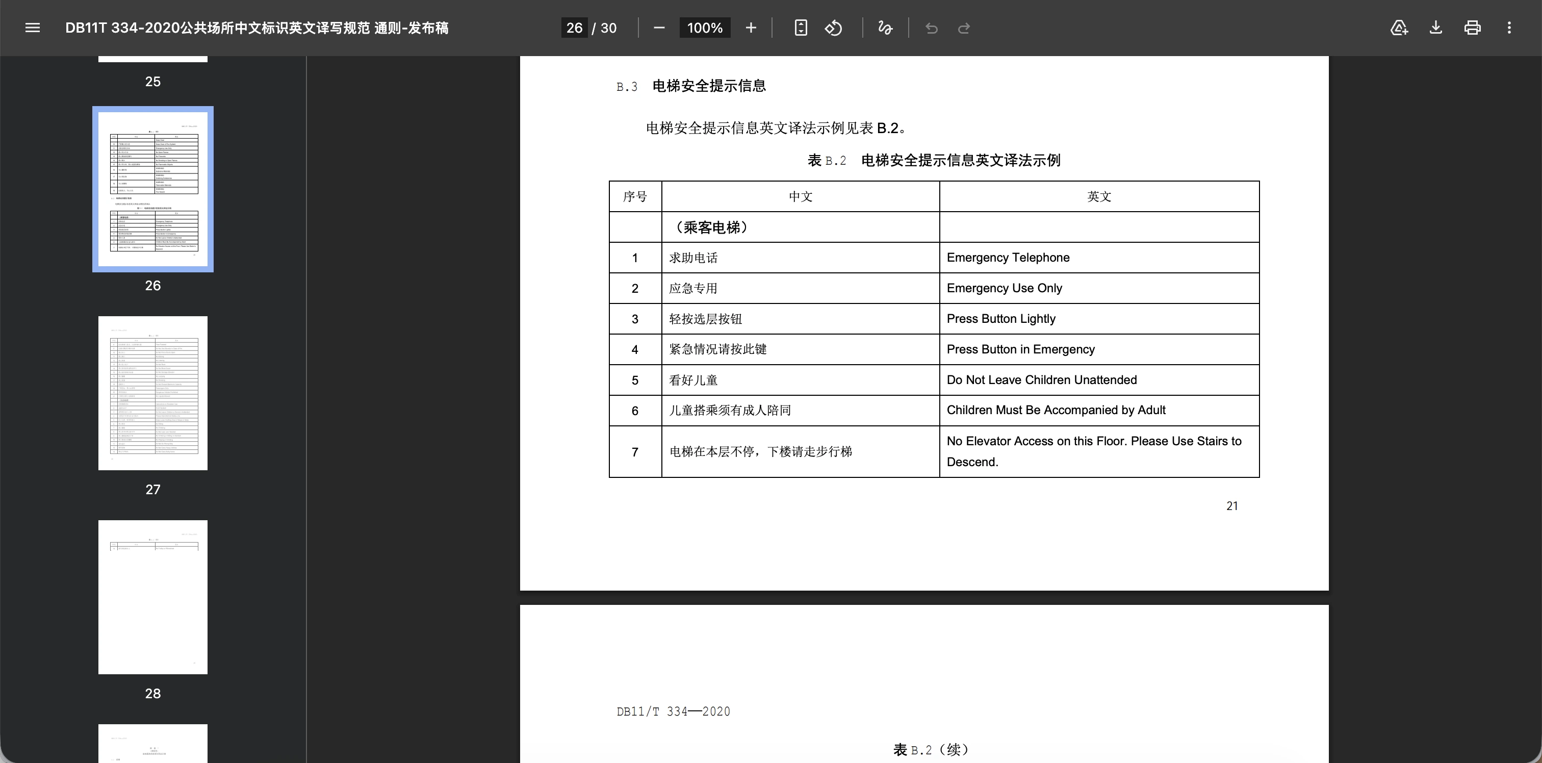 公共场所中文标识英文译写规范通则（北京市地方标准）表 B.2的部分截图