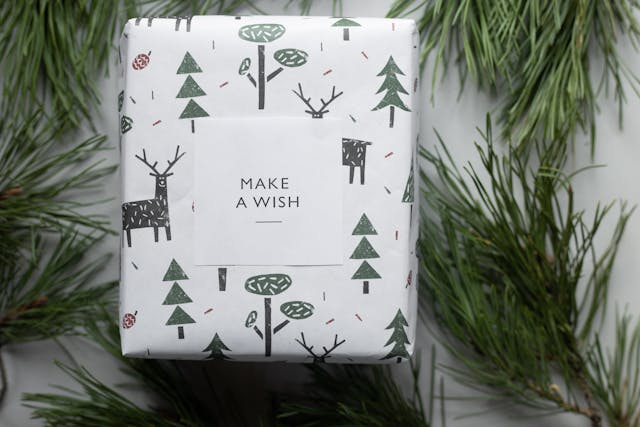 一份礼物，上面写着 Make a wish