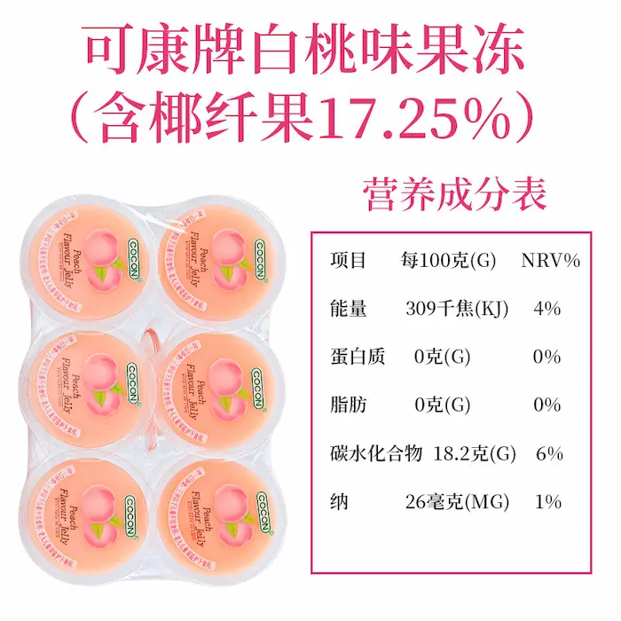 马来西亚进口可康牌白桃味果冻的产品图片，以及对应的营养成分表。每100克能量309千焦、0克蛋白质、0克脂肪、18.2克碳水化合物、26毫克钠