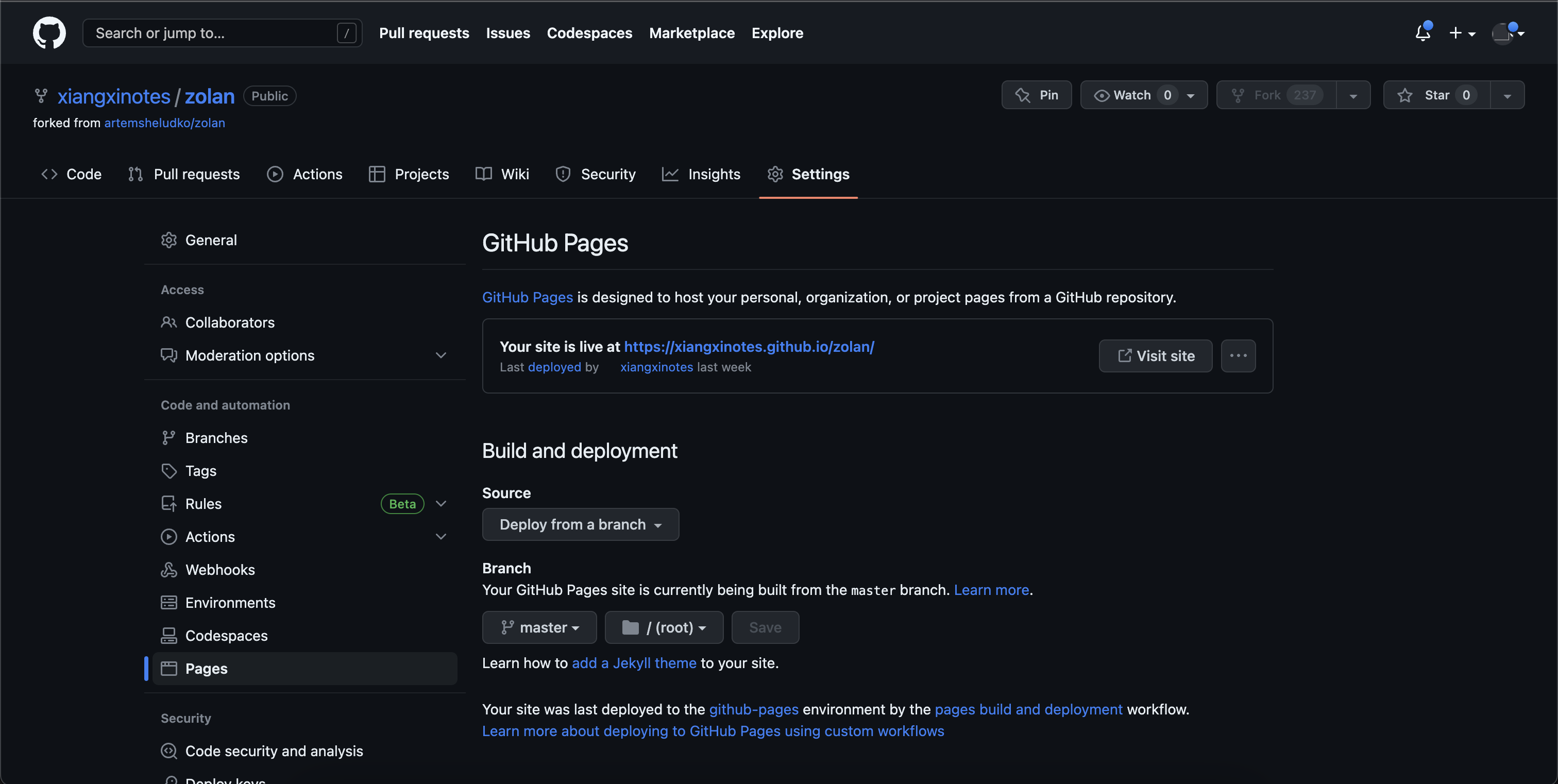 GitHub Pages 设置截图